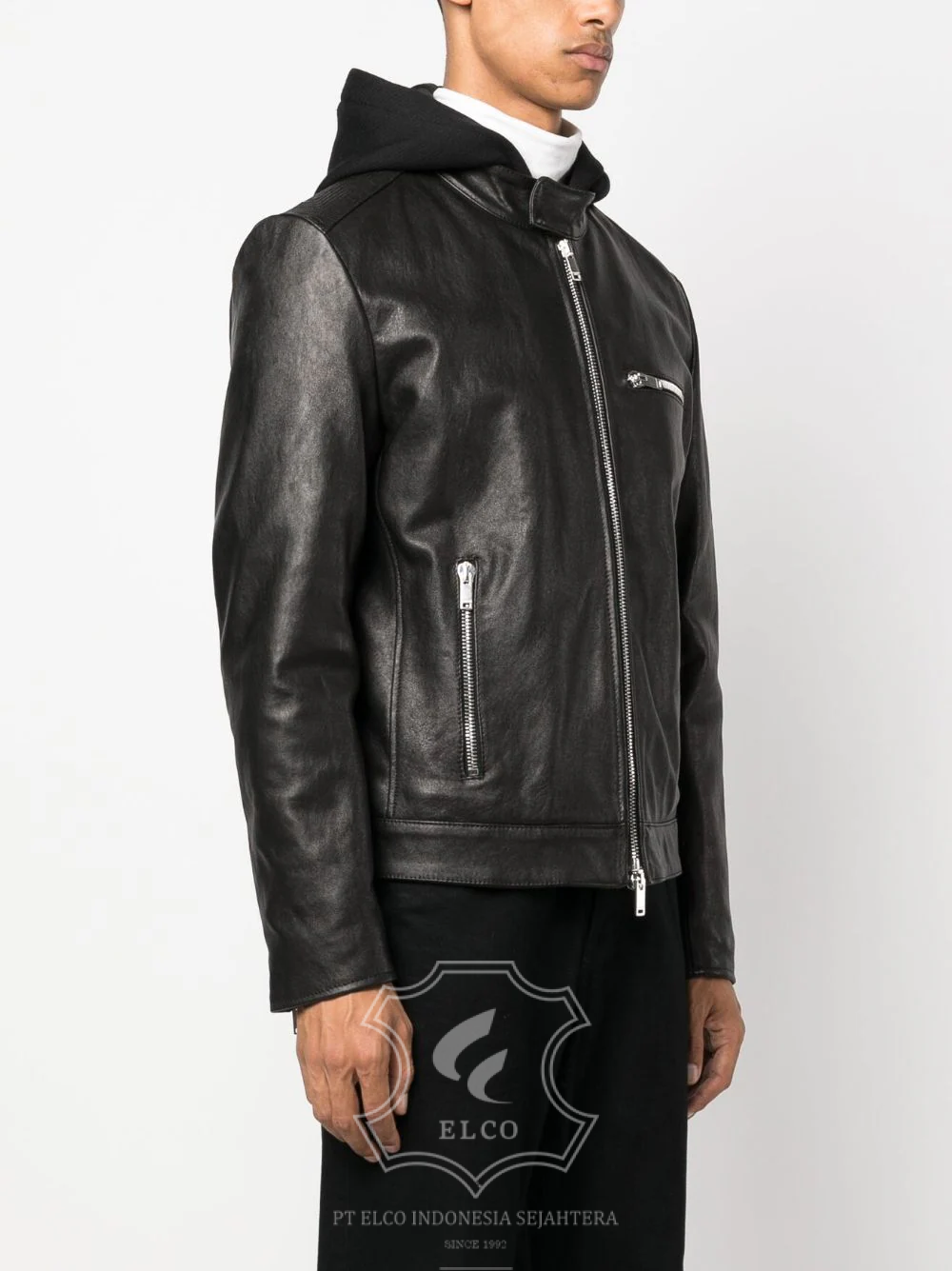 Jaket Kulit Pria Desain Hoodie Kupluk - PCH 409 - Gambar 3