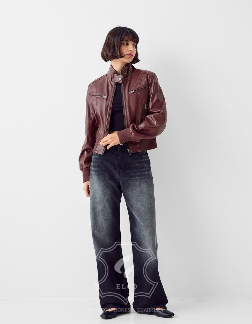 Jaket Kulit Wanita Desain Bomber - WCB 445 - Gambar 2