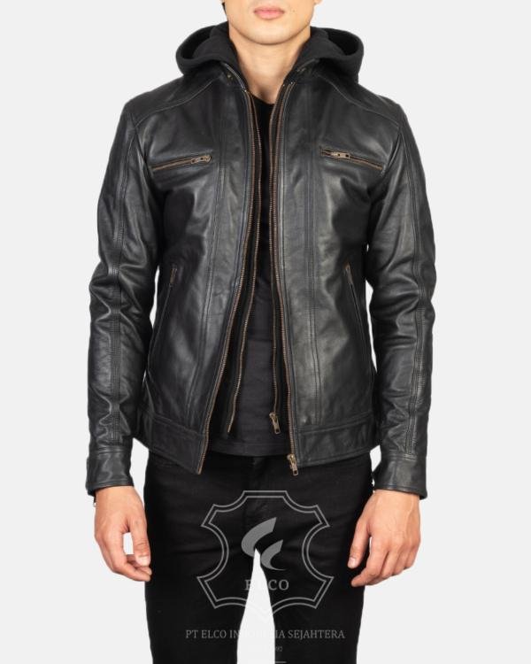 Jaket Kulit Pria Desain Hoodie Kupluk - PCH 403