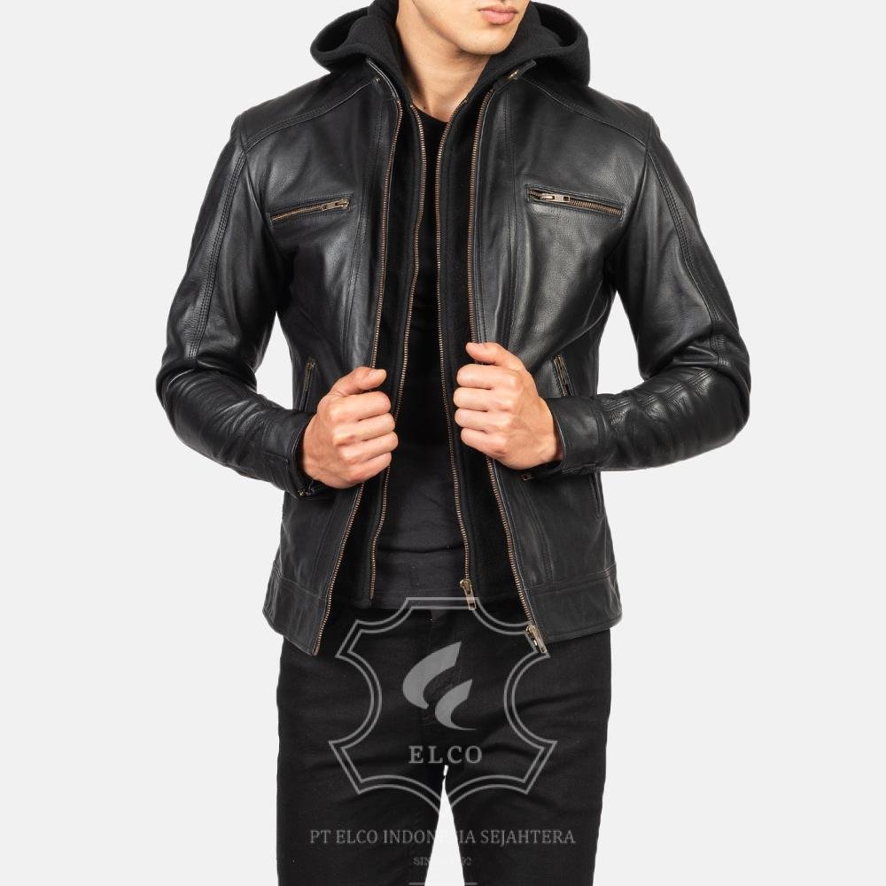 Jaket Kulit Pria Desain Hoodie Kupluk - PCH 403 - Gambar 2