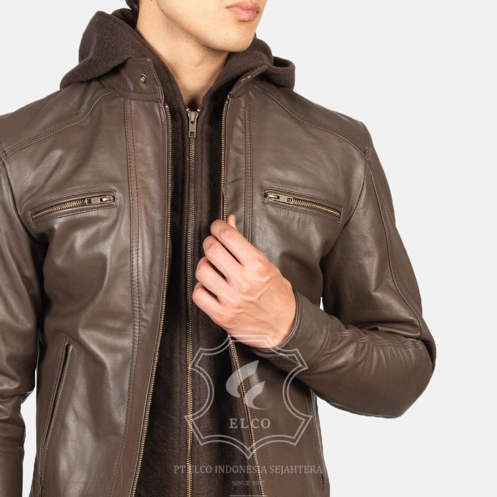 Jaket Kulit Pria Desain Hoodie Kupluk - PCH 404 - Gambar 5