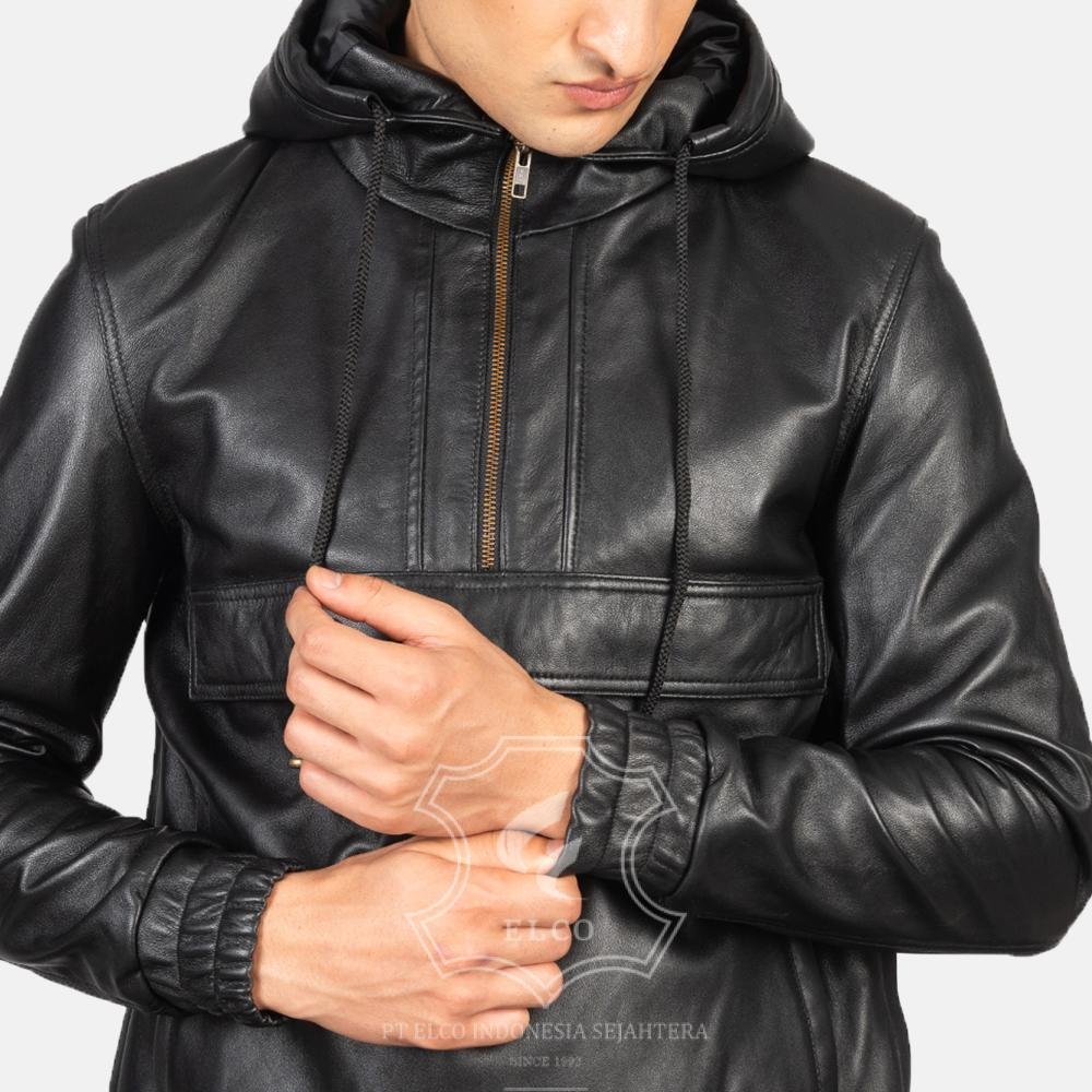 Jaket Kulit Pria Desain Hoodie Kupluk - PCH 406 - Gambar 4