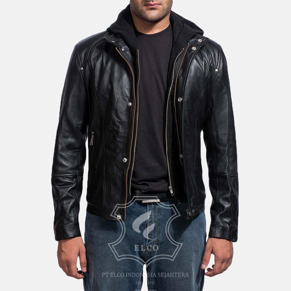 Jaket Kulit Pria Desain Hoodie Kupluk - PCH 405