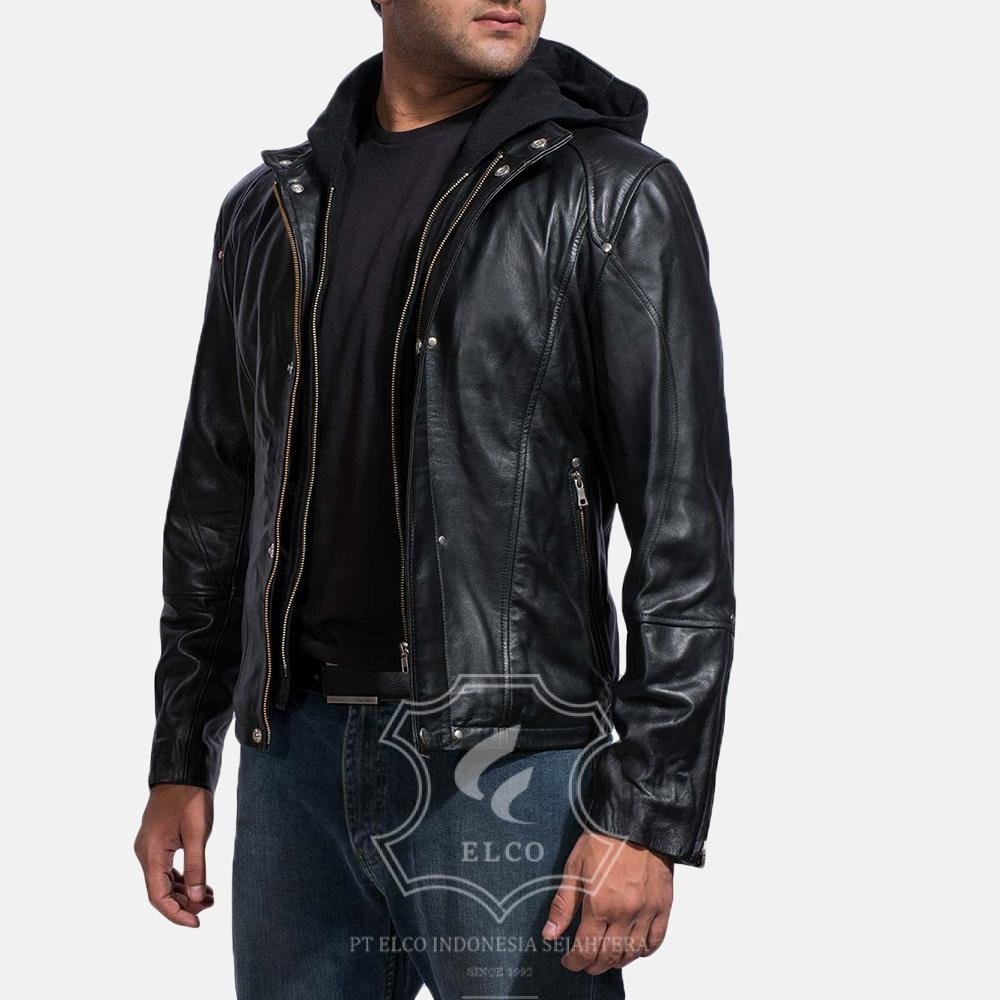 Jaket Kulit Pria Desain Hoodie Kupluk - PCH 405 - Gambar 2