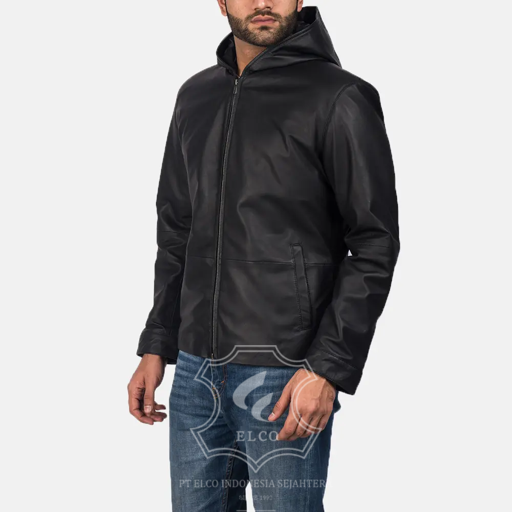 Jaket Kulit Pria Desain Hoodie Kupluk - PCH 177 - Gambar 2