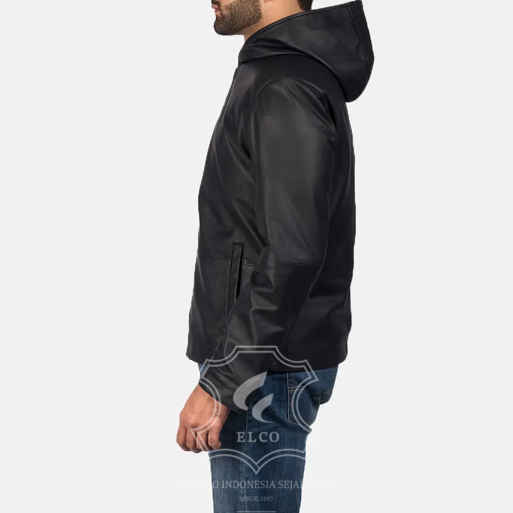 Jaket Kulit Pria Desain Hoodie Kupluk - PCH 177 - Gambar 3