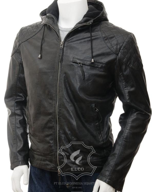 Jaket Kulit Pria Desain Hoodie Kupluk - PCH 410